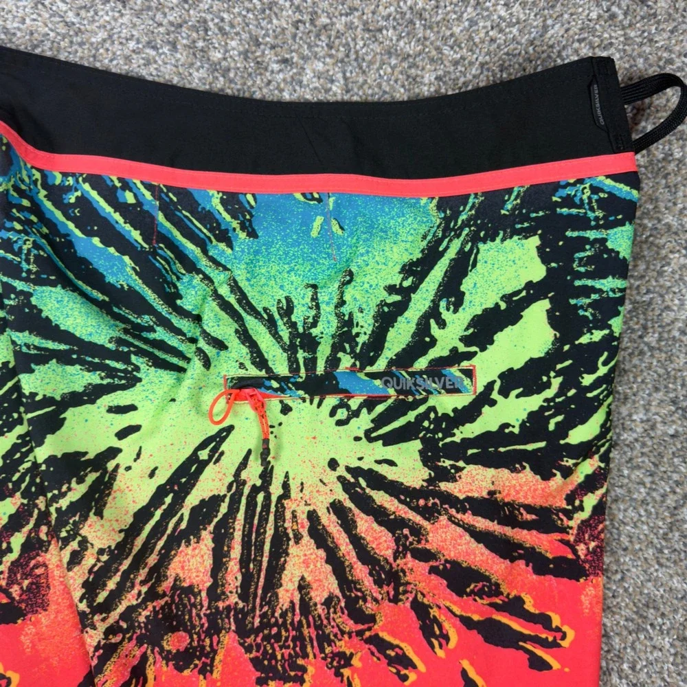 Quiksilver Mens Board Shorts Size 30 Neon Tie Dye Print Swim Trunks Orange Green